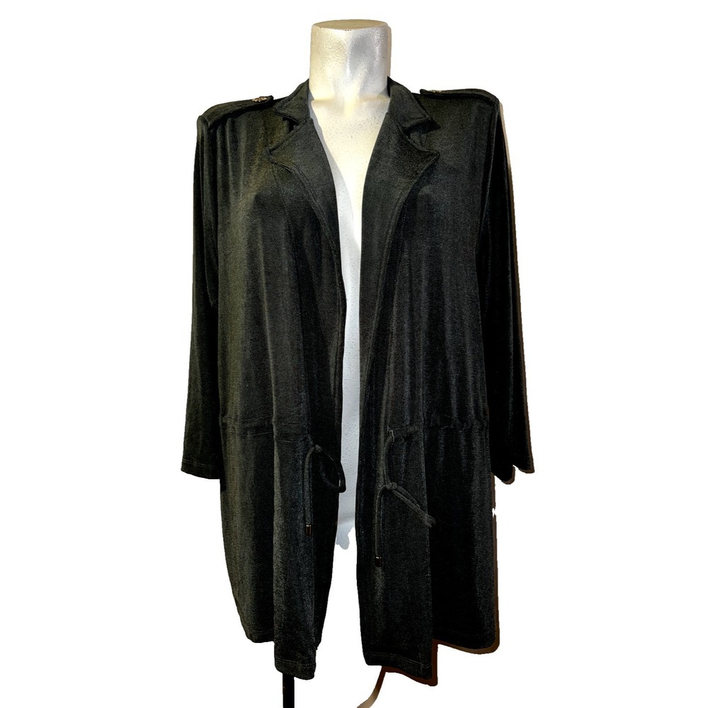 Chicos Travelers Green Slinky Knit Open Front Cardigan Military Epaulette L (2)